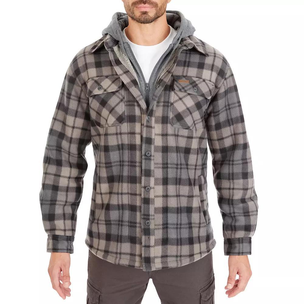 Men's Smith's Workwear Plaid Sherpa-Lined Microfleece Hooded Shirt Jacket, Size: XXL, Black Gray Product Image