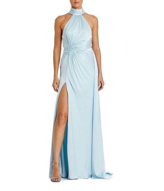 Mac Duggal Satin Halter Mock Neck Sleeveless Side Ruched Gown Product Image