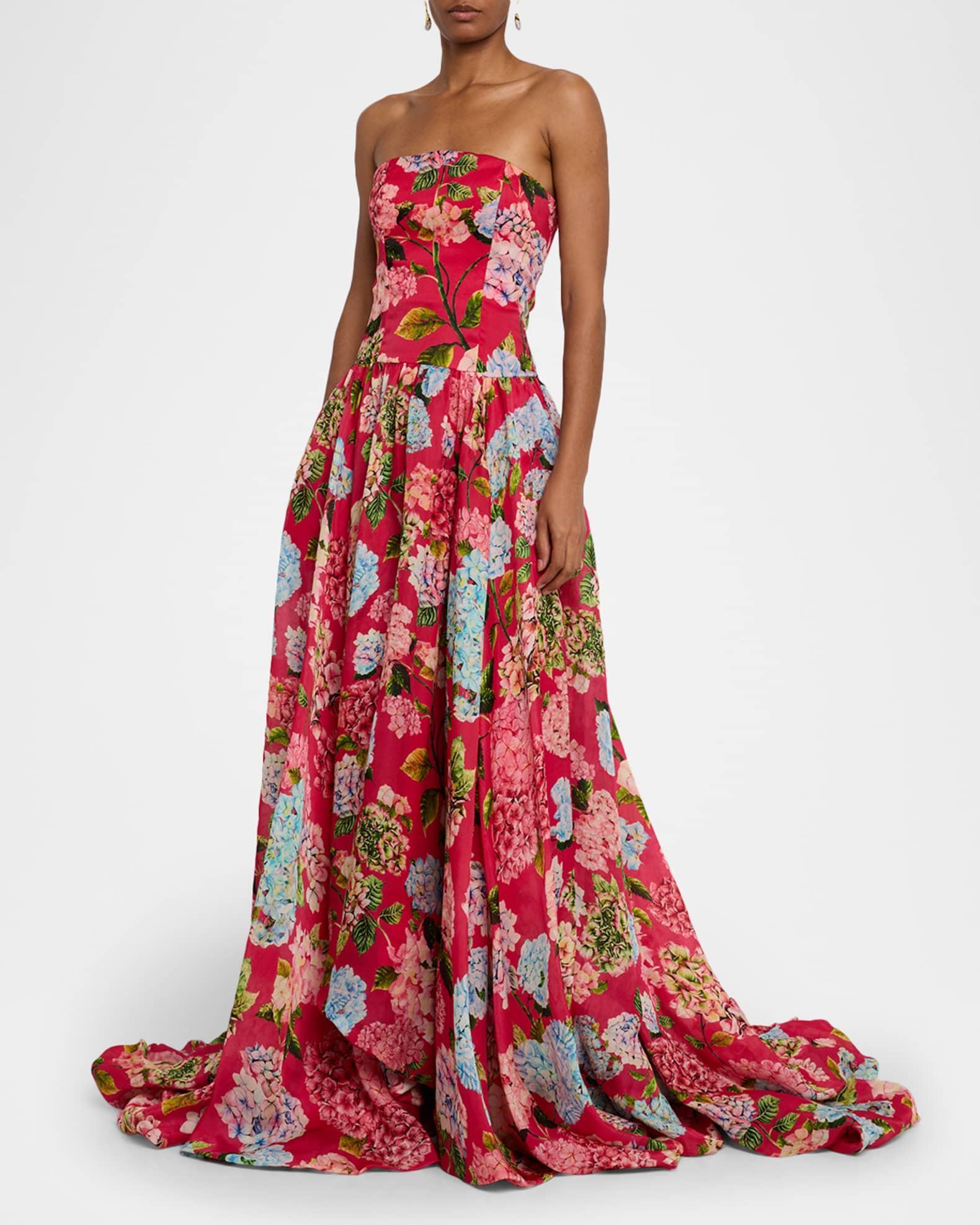 Hydrangea-Print Silk Organza Drop-Waist Gown Product Image