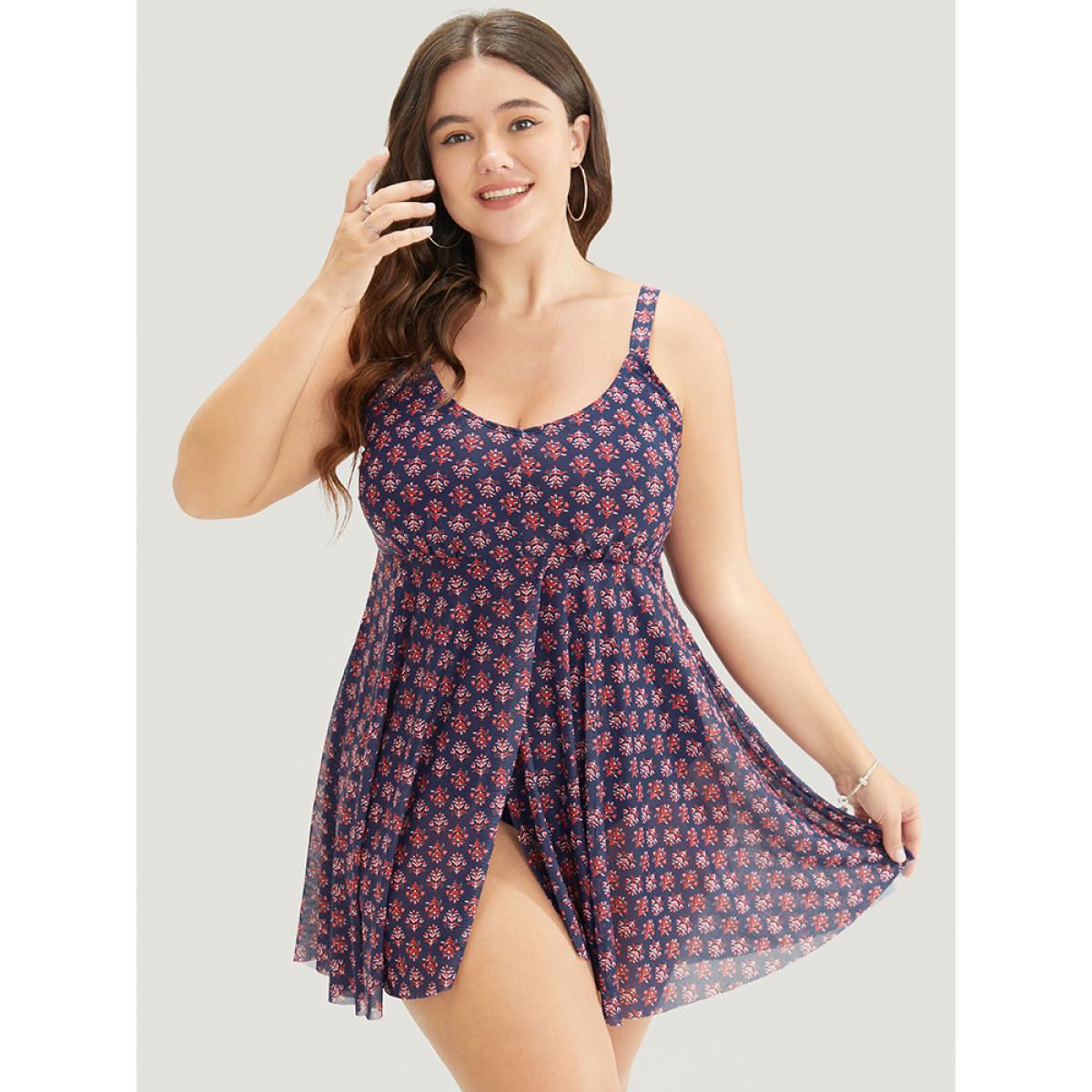 Plus Size Bandana Print Adjustable Straps Mesh Ruffles Swim Dress Women's Swimwear Red Vacation Bodycon High stretch Curve Swim Dresses BloomChic 10/M Product Image