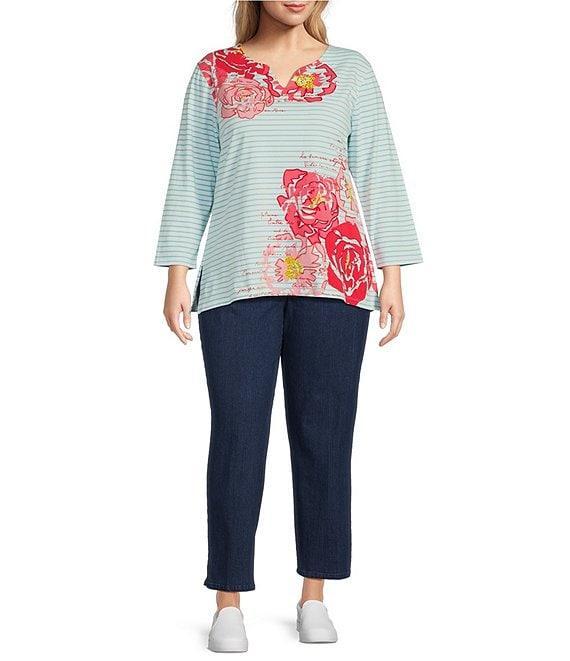 Ruby Rd. Plus Size Knit Floral Embroidered Split Neck 3/4 Sleeve Top Product Image