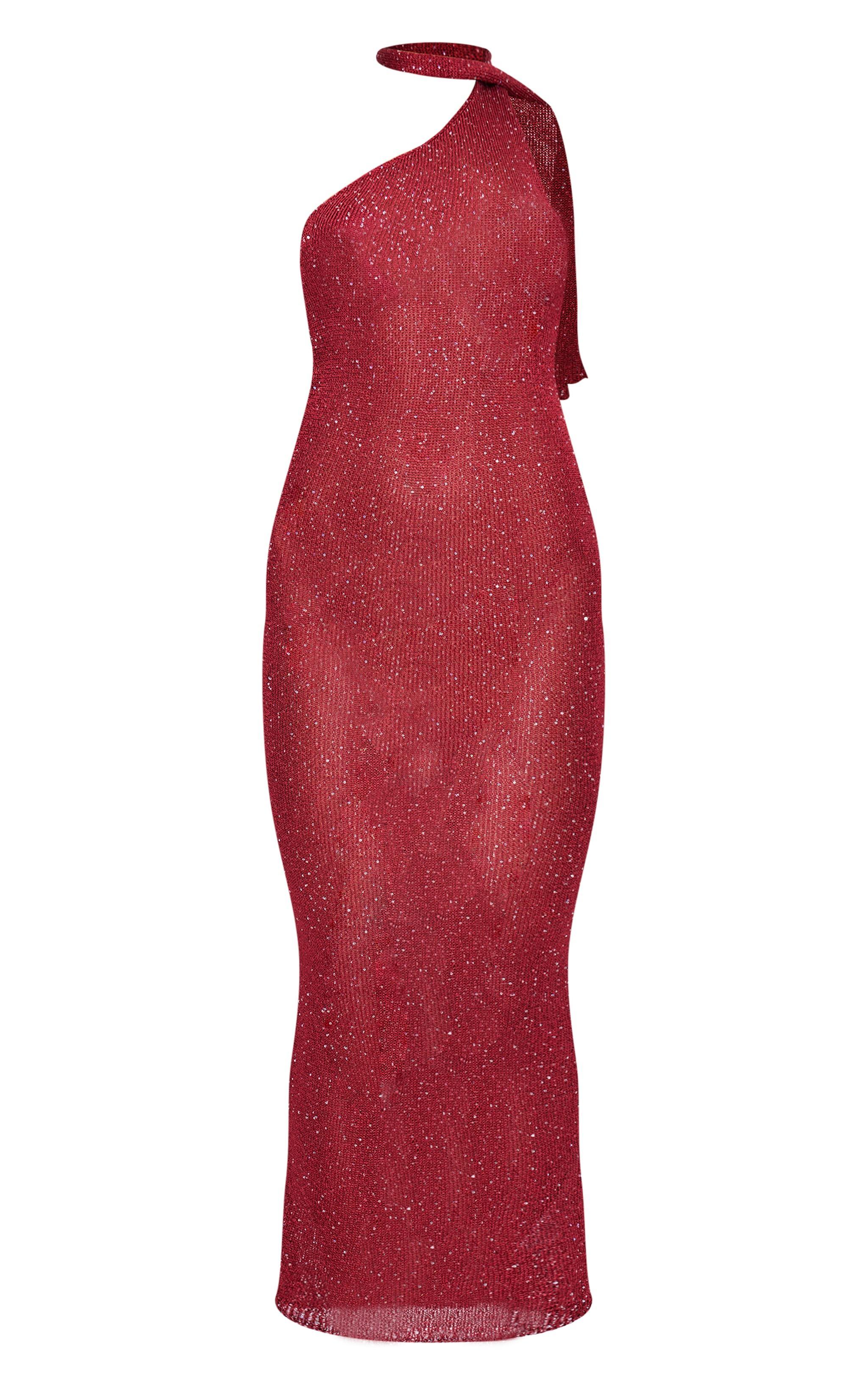 Wine Sequin Knit Tie Neck Maxi Dress Product Image