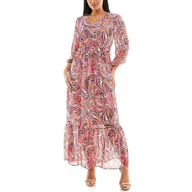 Womens Nina Leonard Chiffon Printed Maxi Dress Red Black Product Image