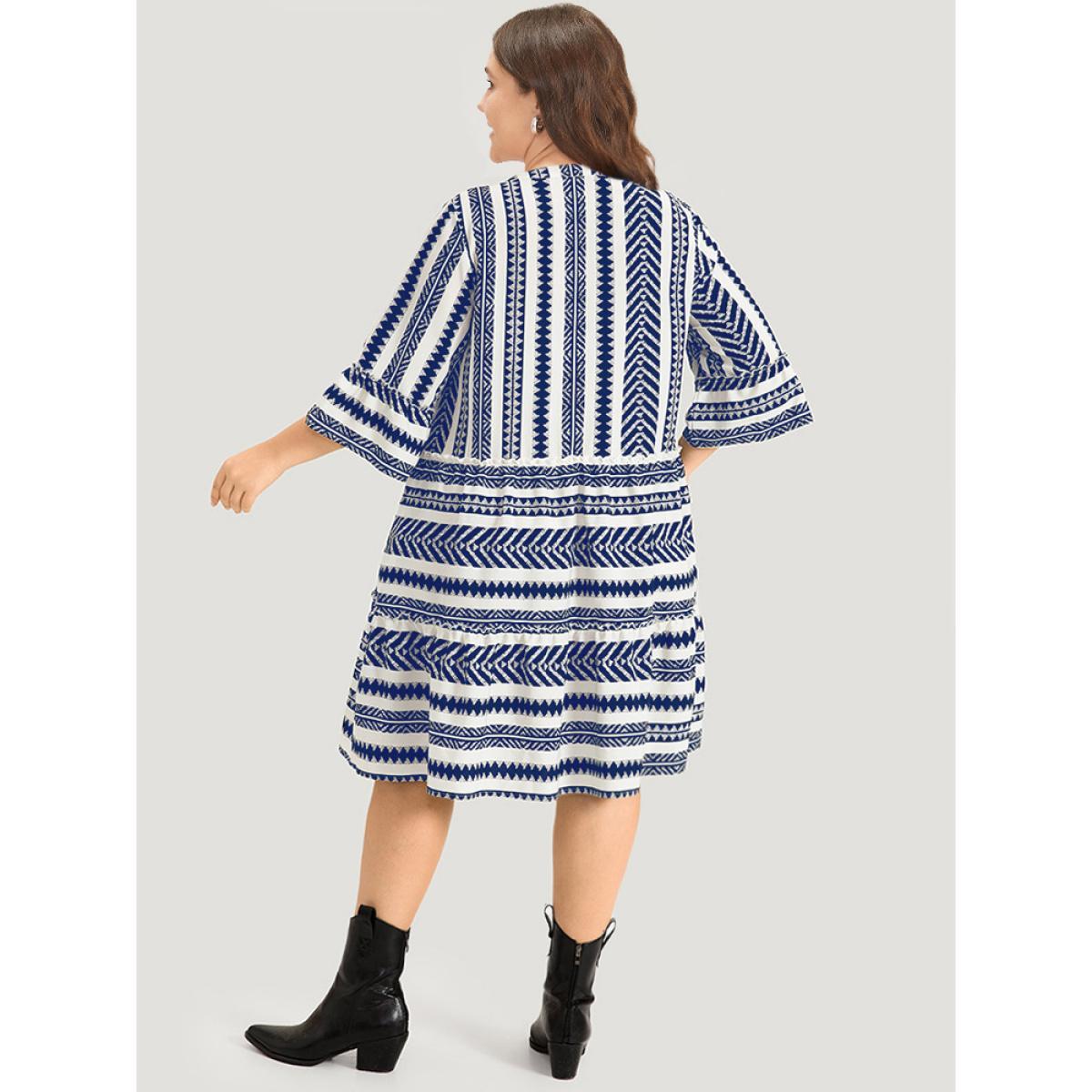 Plus Size Bandana Striped Pocket Button Detail Notched Patchwork Dress DarkBlue Women Vacation Printed V-neck Elbow-length sleeve Curvy Midi Dress BloomChic 10/M Product Image
