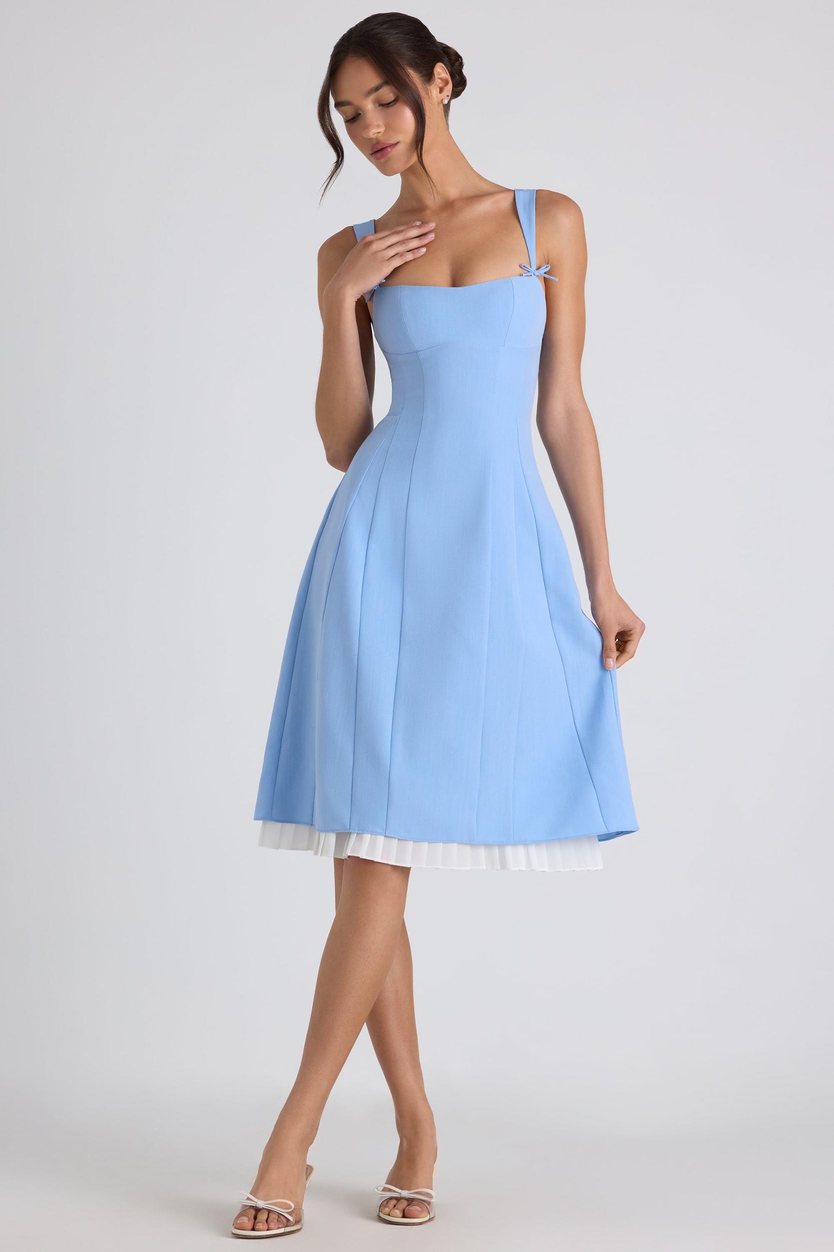 Bow-Detail Pleated A-Line Midi Dress in Sky Blue Product Image