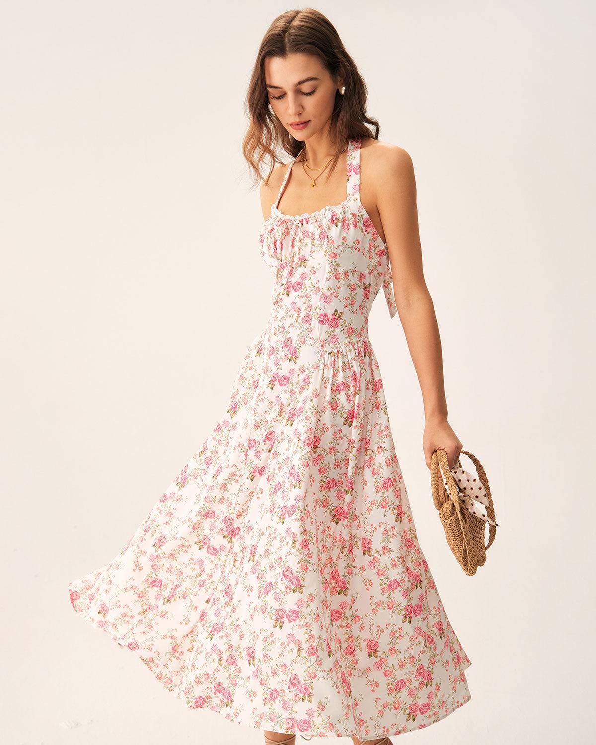 Pink Floral Halter Midi Dress Product Image