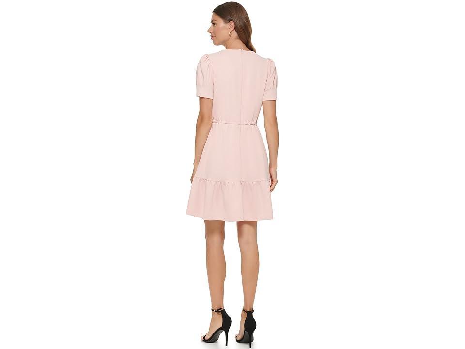 DKNY Ruffled Fit-and-Flare Dress with Puff Sleeve (Powder) Women's Dress Product Image