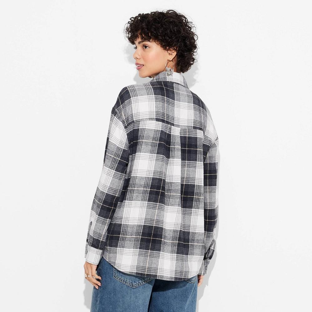 Womens Long Sleeve Oversized Flannel Button-Down Shirt - Wild Fable Black Plaid L Product Image