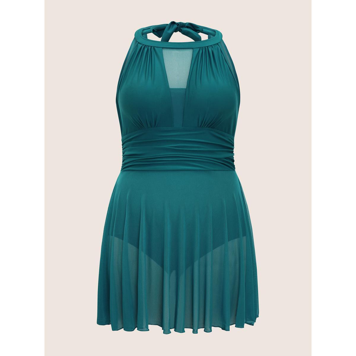 Plus Size Knotted Back Mesh Insert Halter Swim Dress Women's Swimwear Aegean Beach Bodycon Round Neck High stretch Curve Swim Dresses BloomChic 14-16/1X Product Image