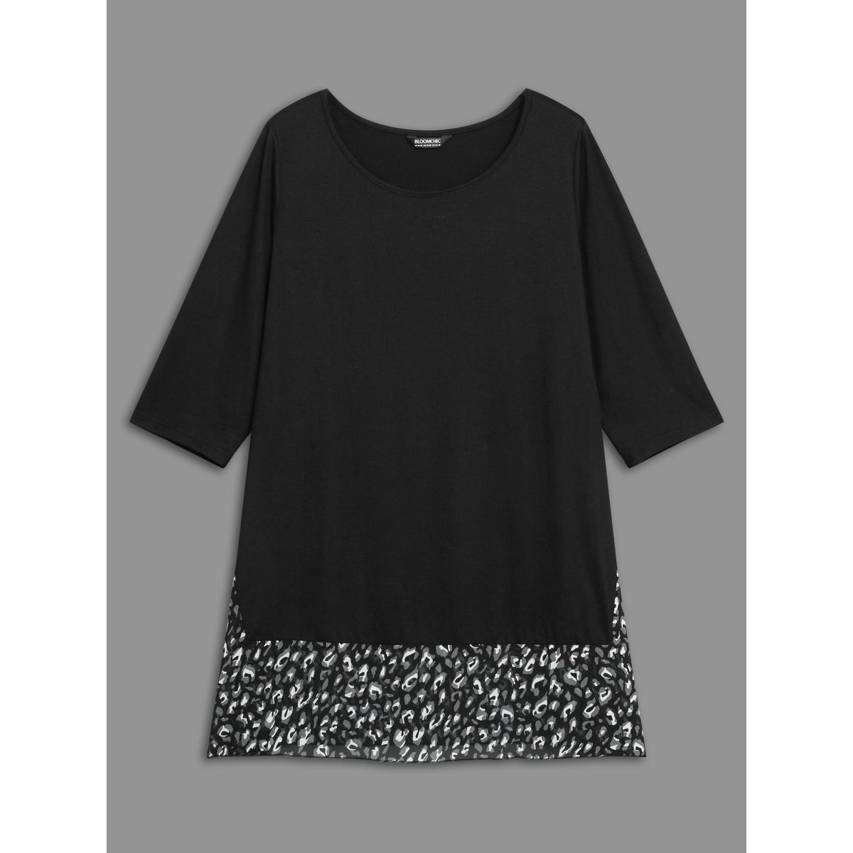 Plus Size Crew Neck Leopard Print Patchwork T-shirt Black Women Elegant Patchwork Round Neck Everyday T-shirts BloomChic 12/L Product Image