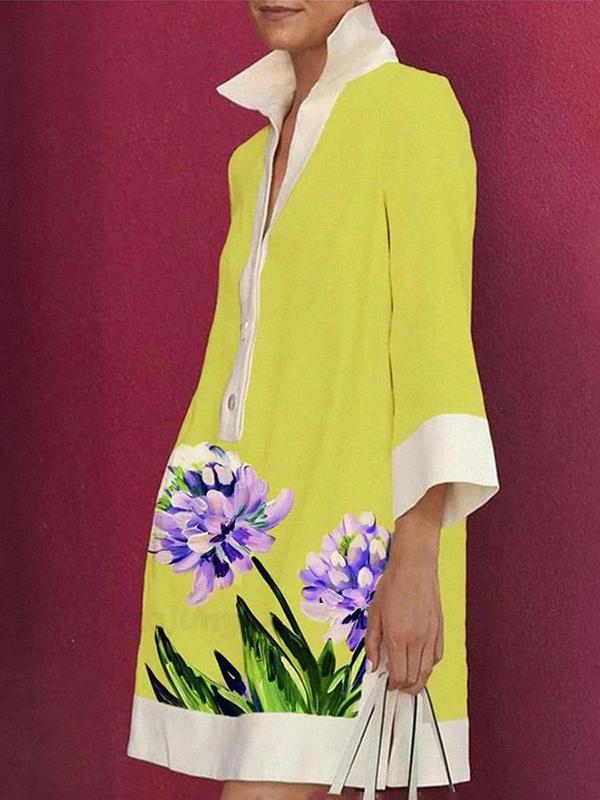 A-Line Loose Buttoned Flower Print Stand Collar Mini Dresses Product Image