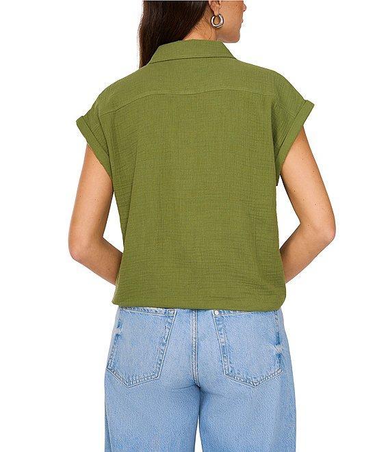 Vince Camuto Woven Collared Short Sleeve Tie Front Blouse Product Image