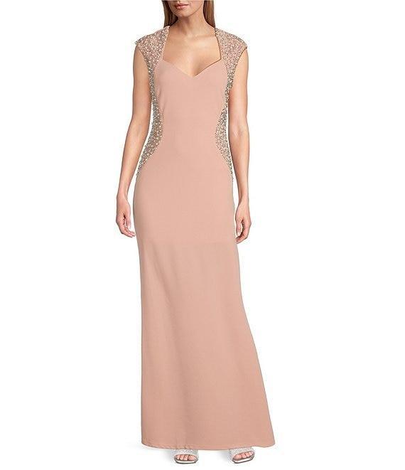 Marina Sweetheart Neck Cap Sleeve Beaded Side Detail Sheath Dress Product Image