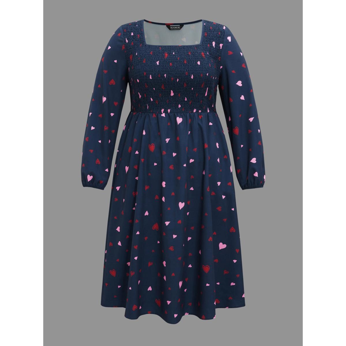 Plus Size Square Neck Shirred Hearts Midi Dress Indigo Women Elegant Shirred Square Neck Long Sleeve Curvy BloomChic 26/4X Product Image