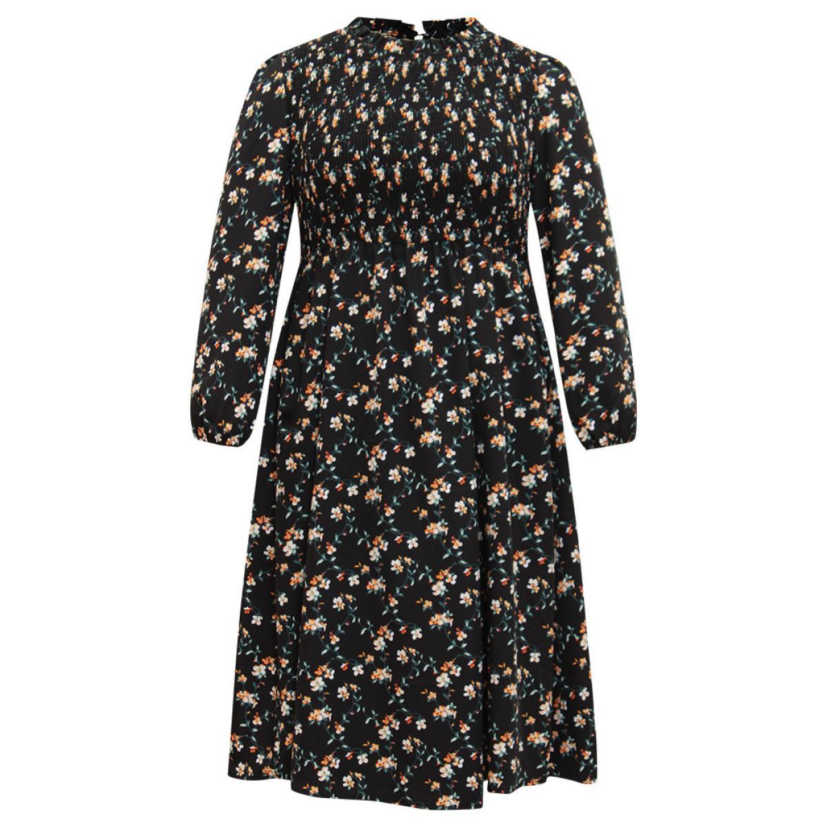 Plus Size Ditsy Floral Frill Trim Shirred Dress Black Women Elegant Elastic cuffs Mock Neck Long Sleeve Curvy Midi Dress BloomChic 18-20/2X Product Image