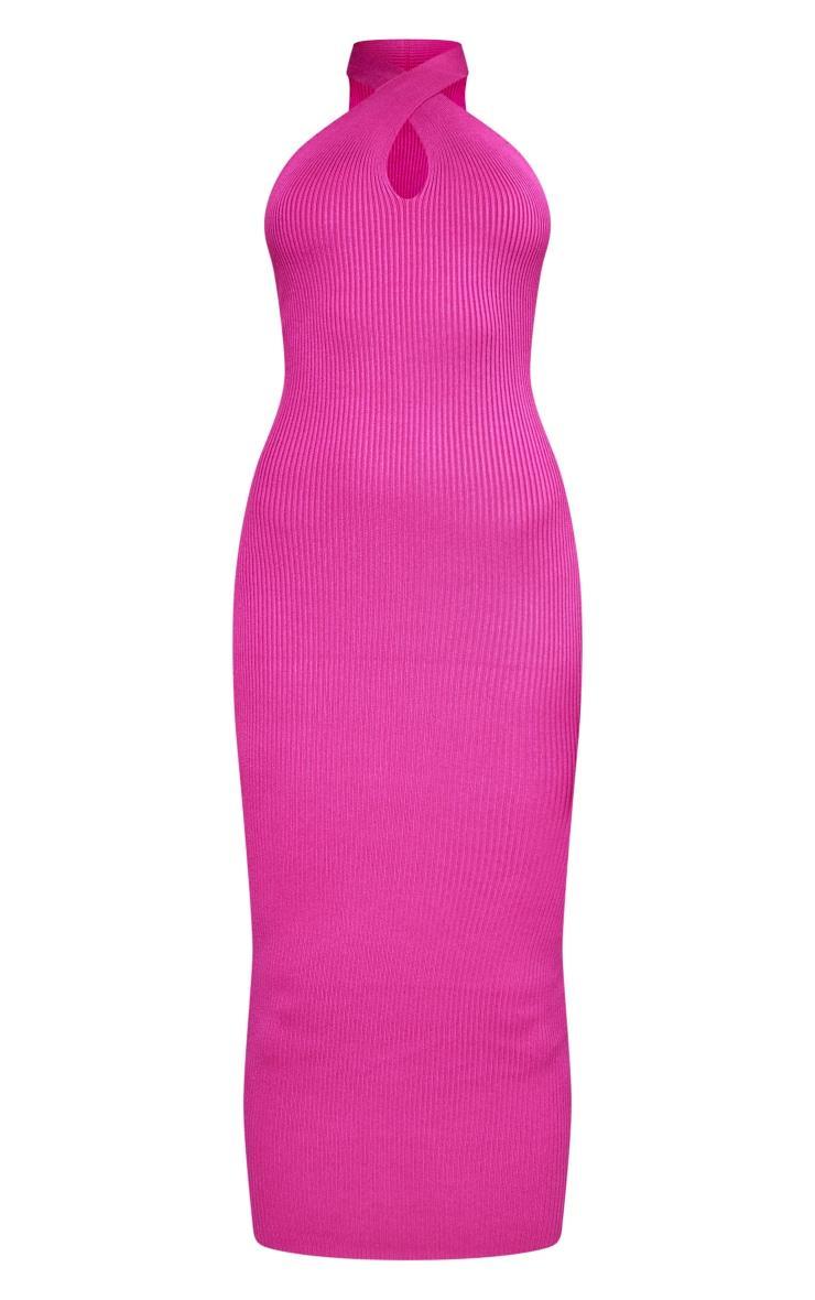 Lipstick Pink Plunge Twist Maxi Knitted Dress Product Image