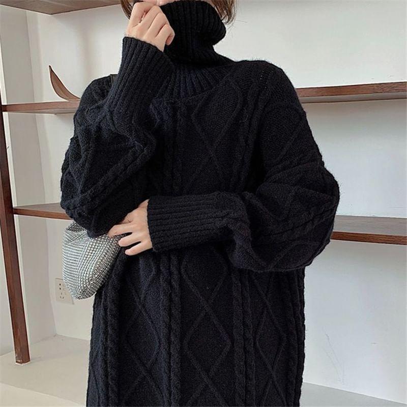 Long-Sleeve Turtleneck Plain Mini Sweater Dress Product Image