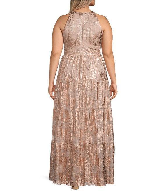 R & M Richards Plus Size Sleeveless Halter Neck Foil Printed Dress Product Image