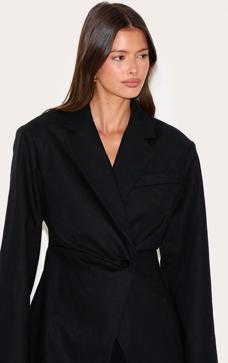 Black Linen Tailored Cinched Waist Blazer Product Image