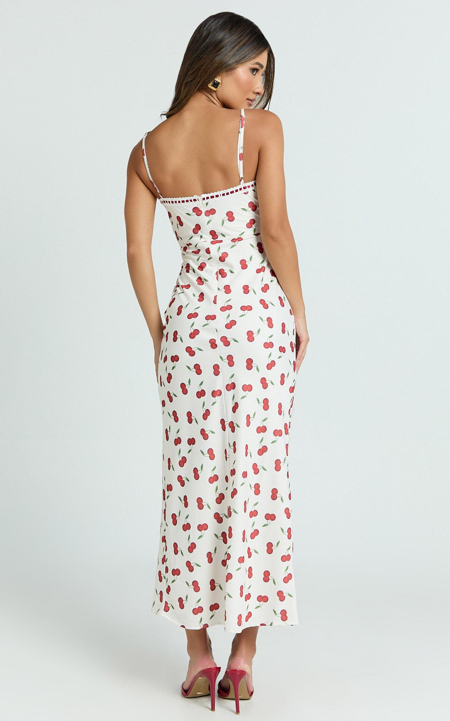 Bailey Midi Dress - Recycled Cherry Print Lace Trim Bias Cut Slip Dress in Blushing Cherries Print Product Image