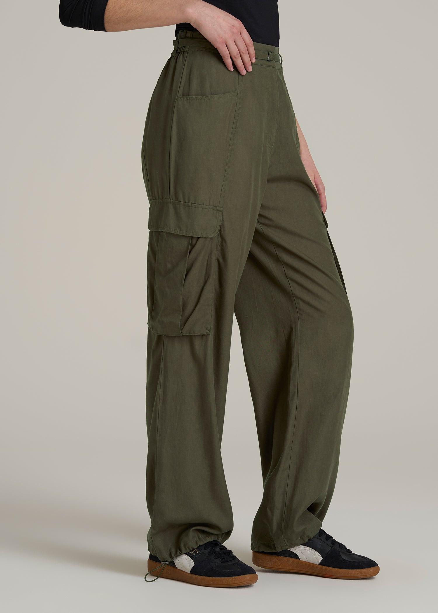 High Rise Cargo Parachute Pants for Tall Women in Forest Night Female Product Image