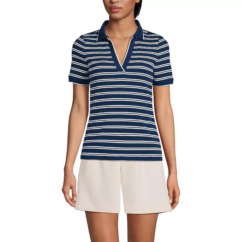 Womens Lands End V-Neck Short Sleeve Polo Blue Dual Stripe Product Image