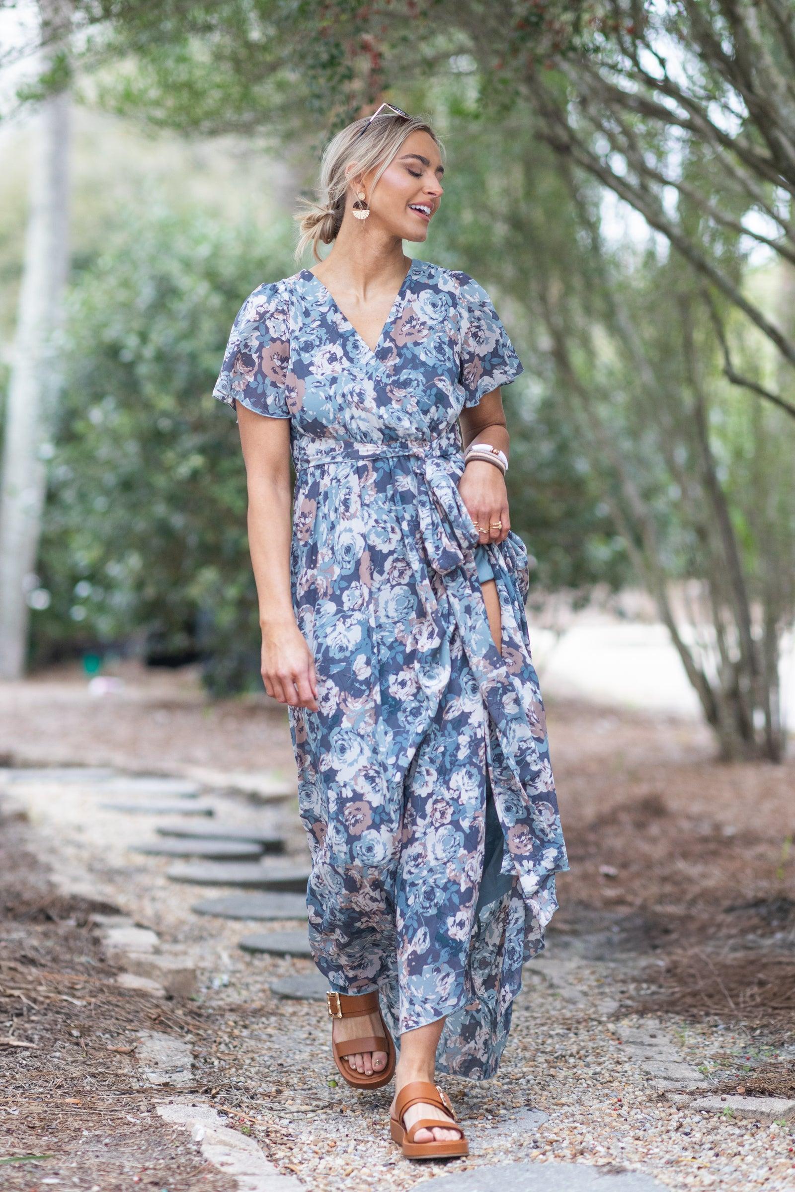 Slate Blue Blouse Floral Waist Band Maxi Dress Product Image