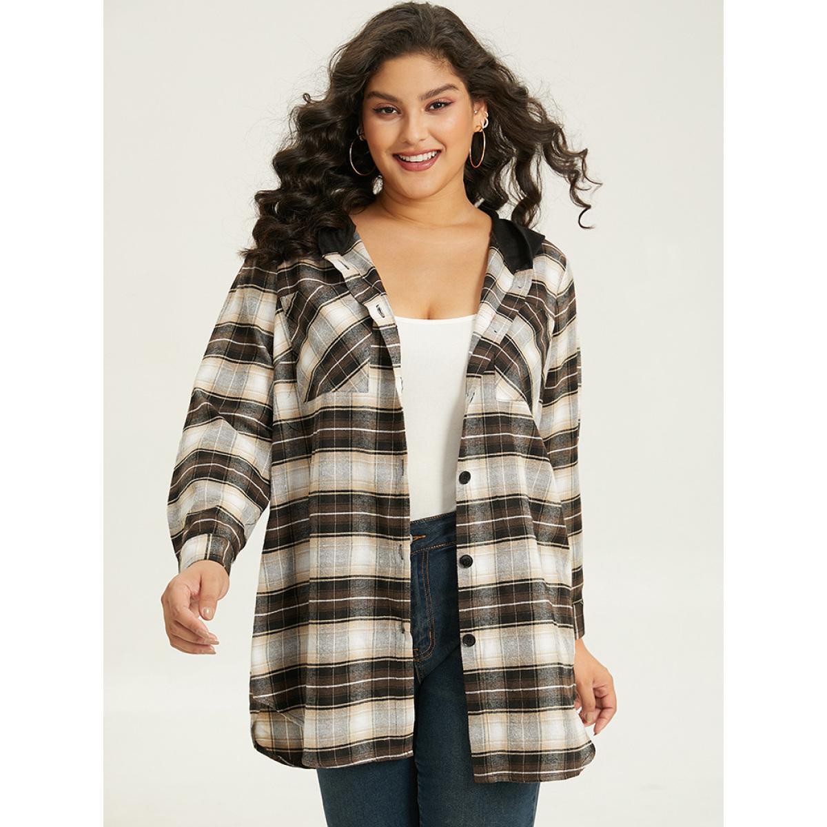 Plus Size Plaid Button Up Hooded Patchwork Shacket Women DarkBrown Contrast Pocket Everyday Jackets BloomChic 14-16/1X Product Image