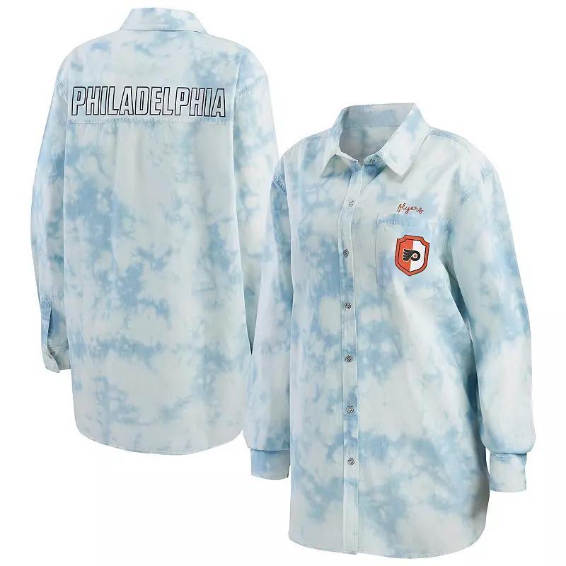 Women's WEAR by Erin Andrews White Philadelphia Flyers Oversized Tie-Dye Button-Up Denim Shirt, Size: Large, Fly White Product Image