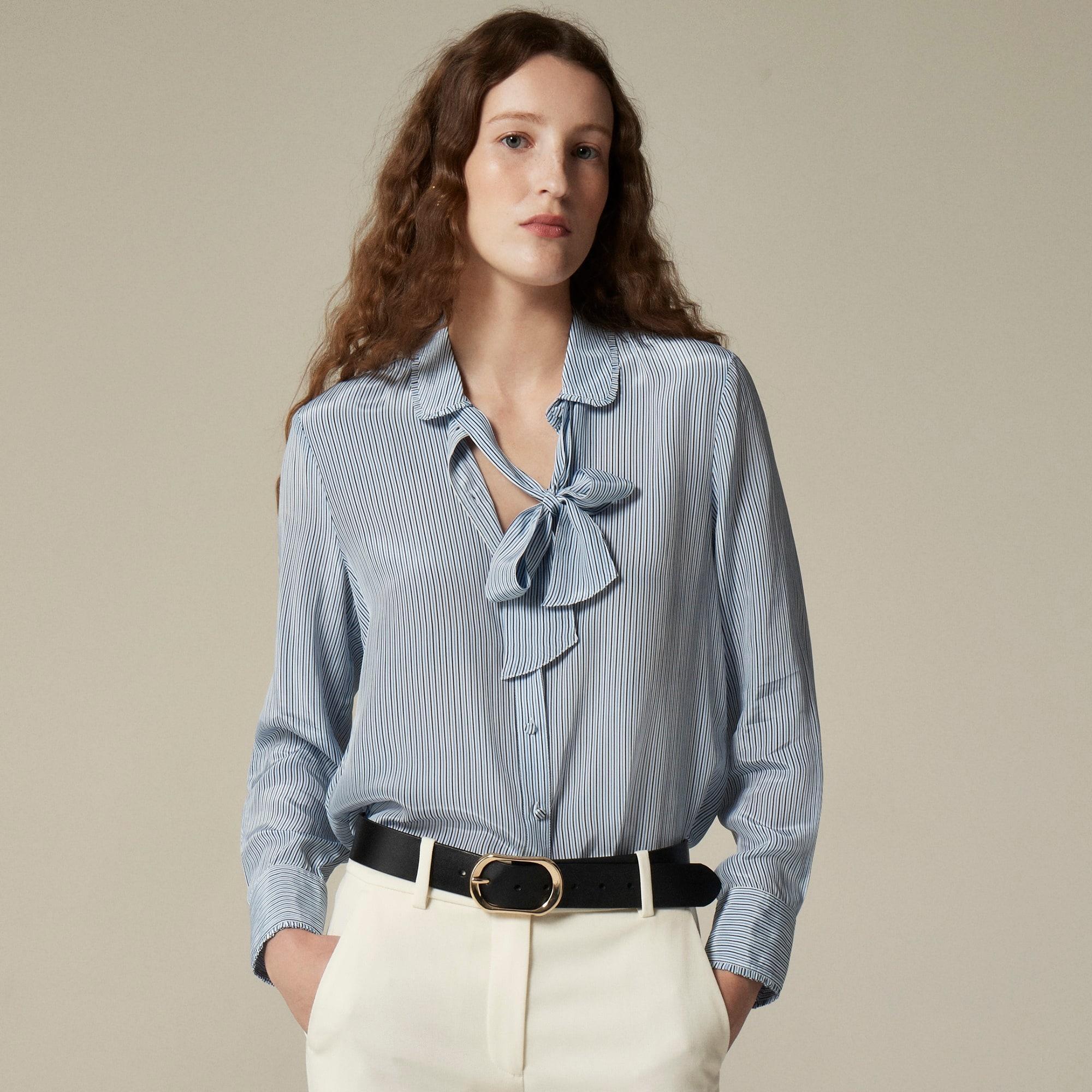 Removable tie-neck button-up shirt in striped crepe de chine Product Image