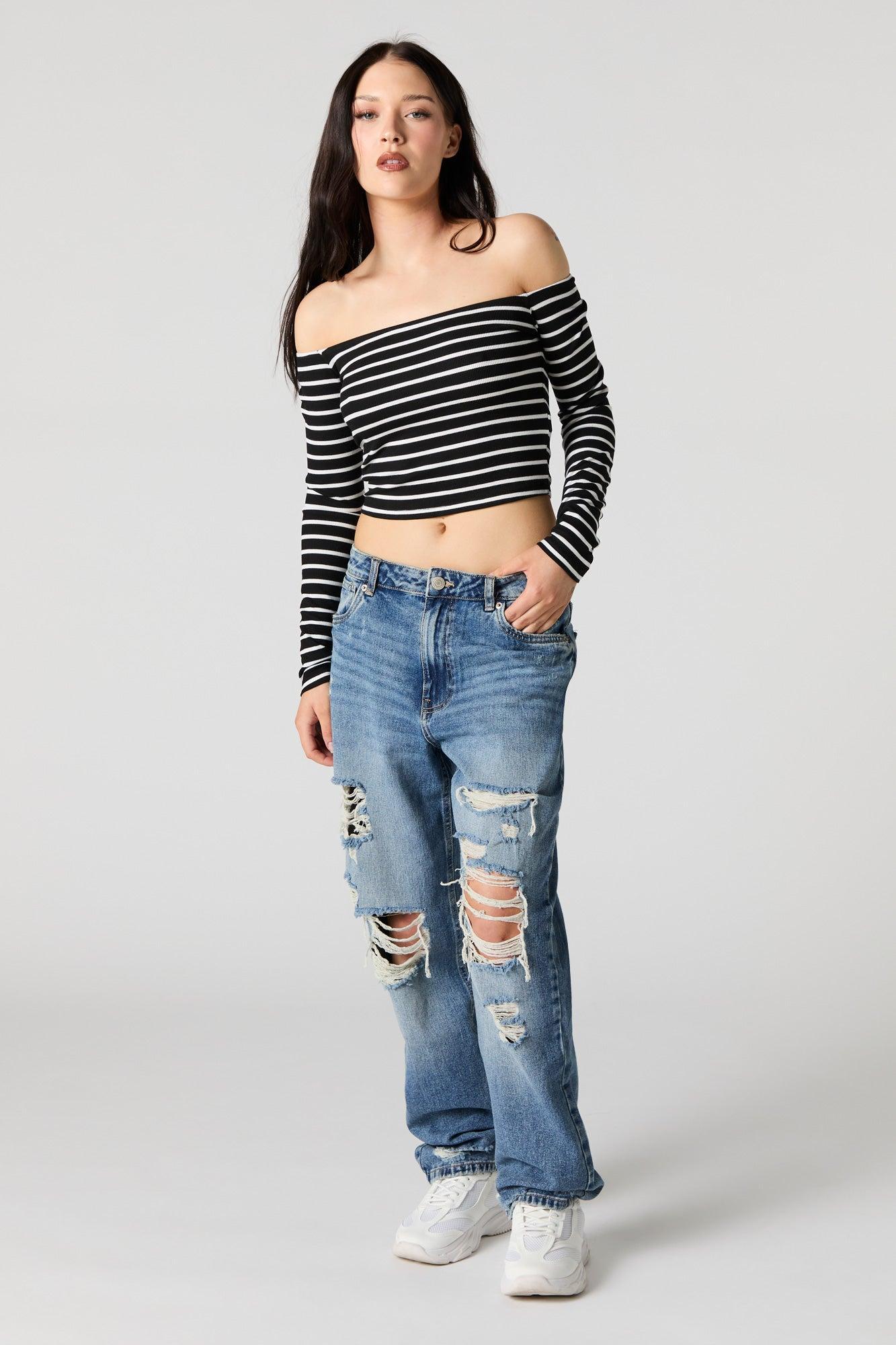 Striped Ribbed Off Shoulder Long Sleeve Top Female Product Image