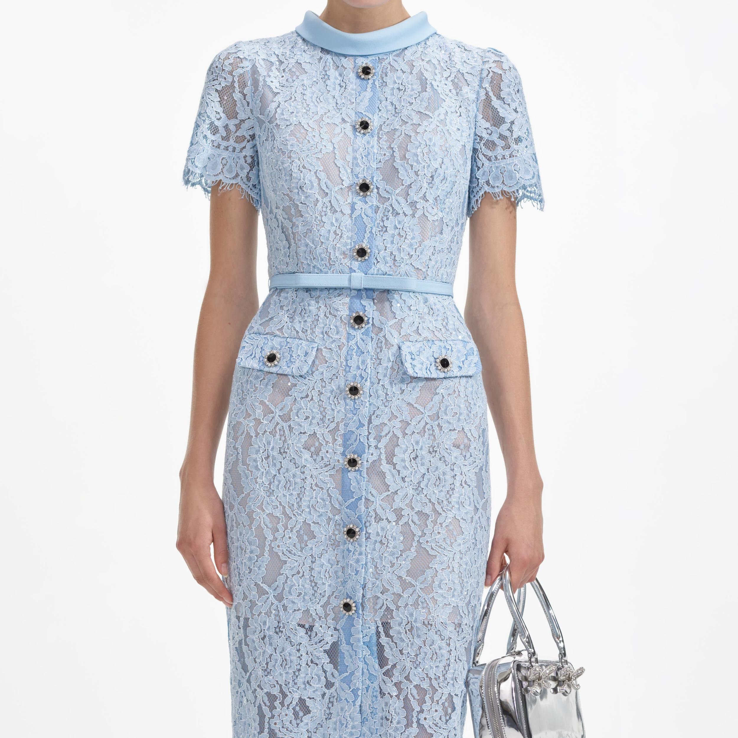Blue Lace Button Midi Dress Product Image