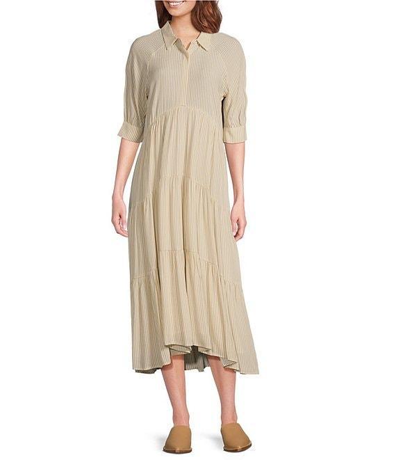 A Loves A Pinstripe Print Button Point Collar 3/4 Blouson Cuff Sleeve Tiered Waistless Midi Shirt Dress Product Image