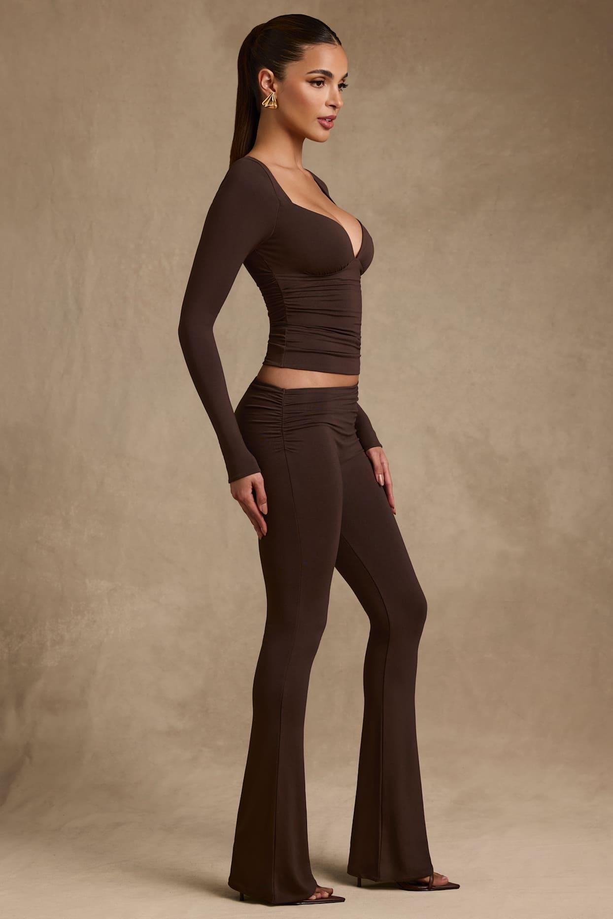 Modal Asymmetric-Waist Flared Trousers in Chocolate Brown Product Image
