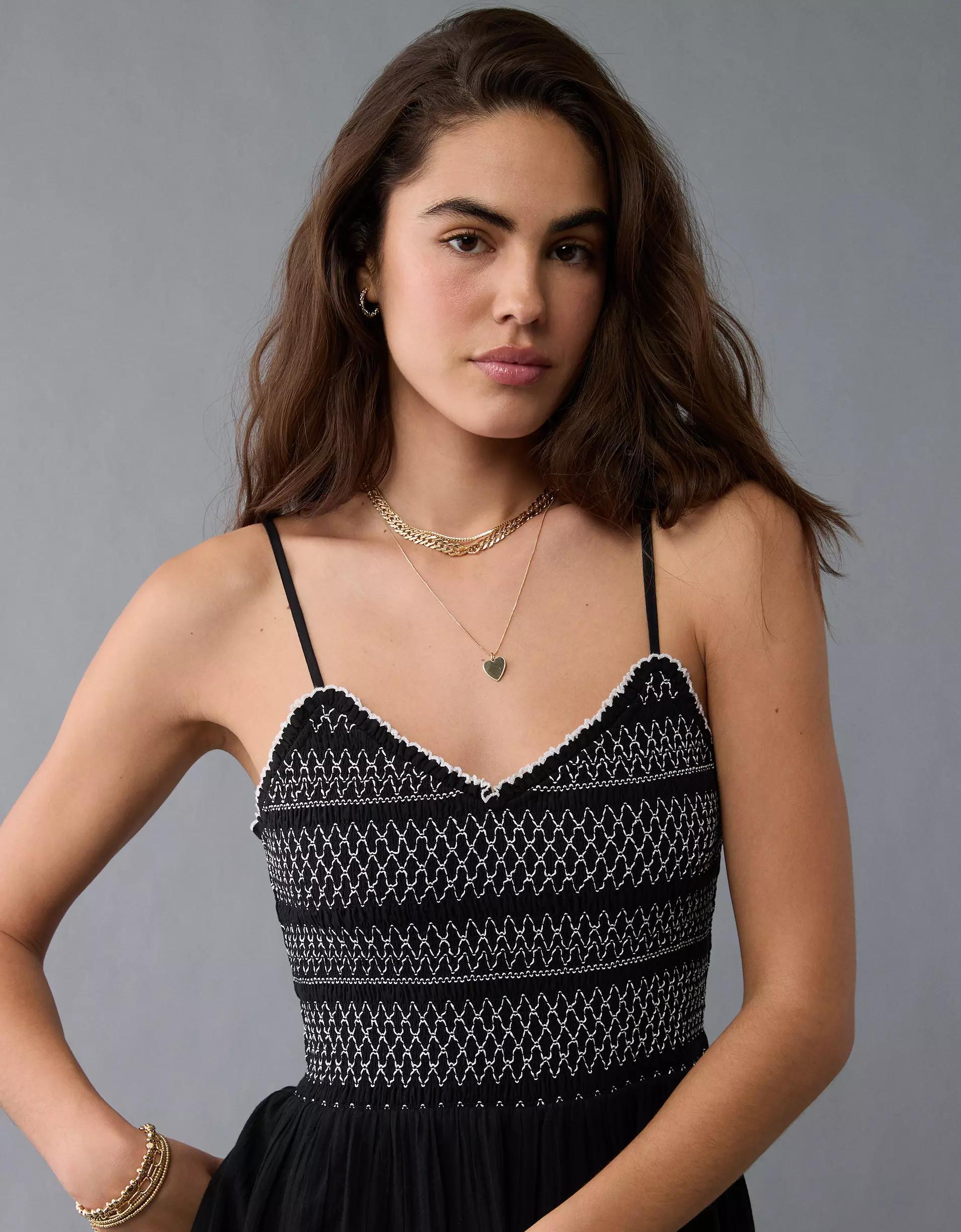 AE Textured Smocked V-Neck Romper Product Image