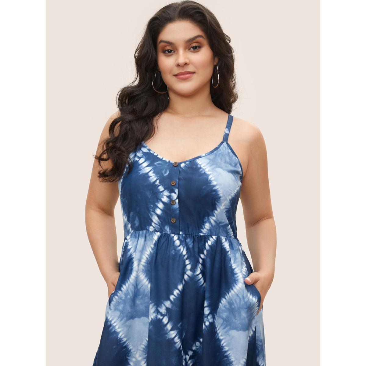 Plus Size Tie Dye Button Detail Cami Dress DarkBlue Women Casual Non Sleeveless Curvy Midi Dress BloomChic 30/6X Product Image