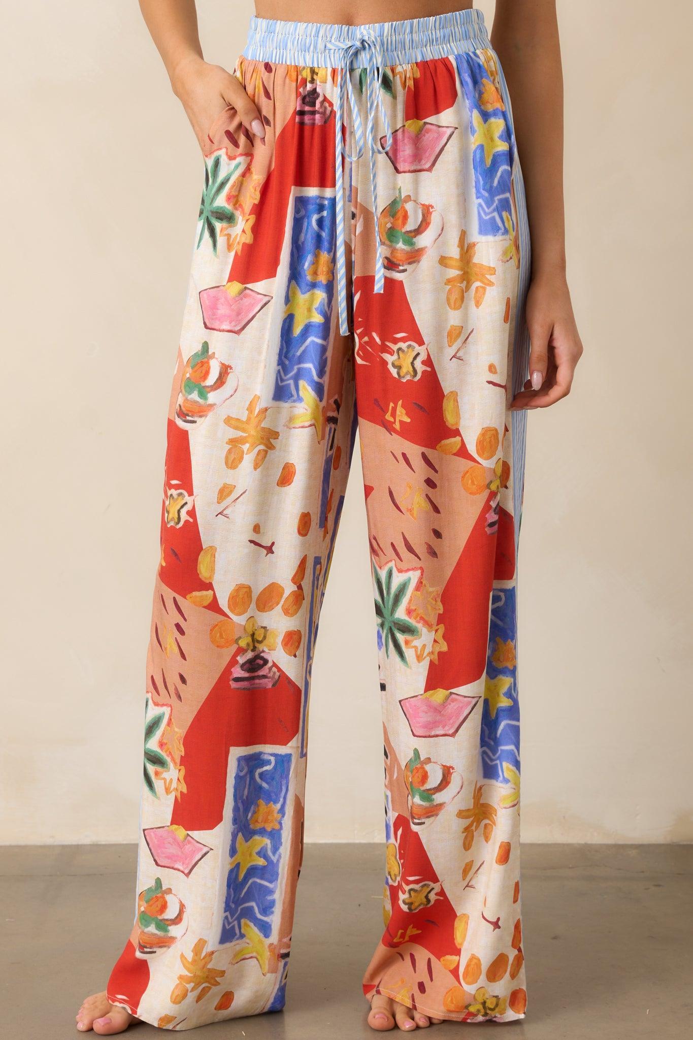 Coral Cove Red Multi Tropical Print Wide Leg Pants Product Image