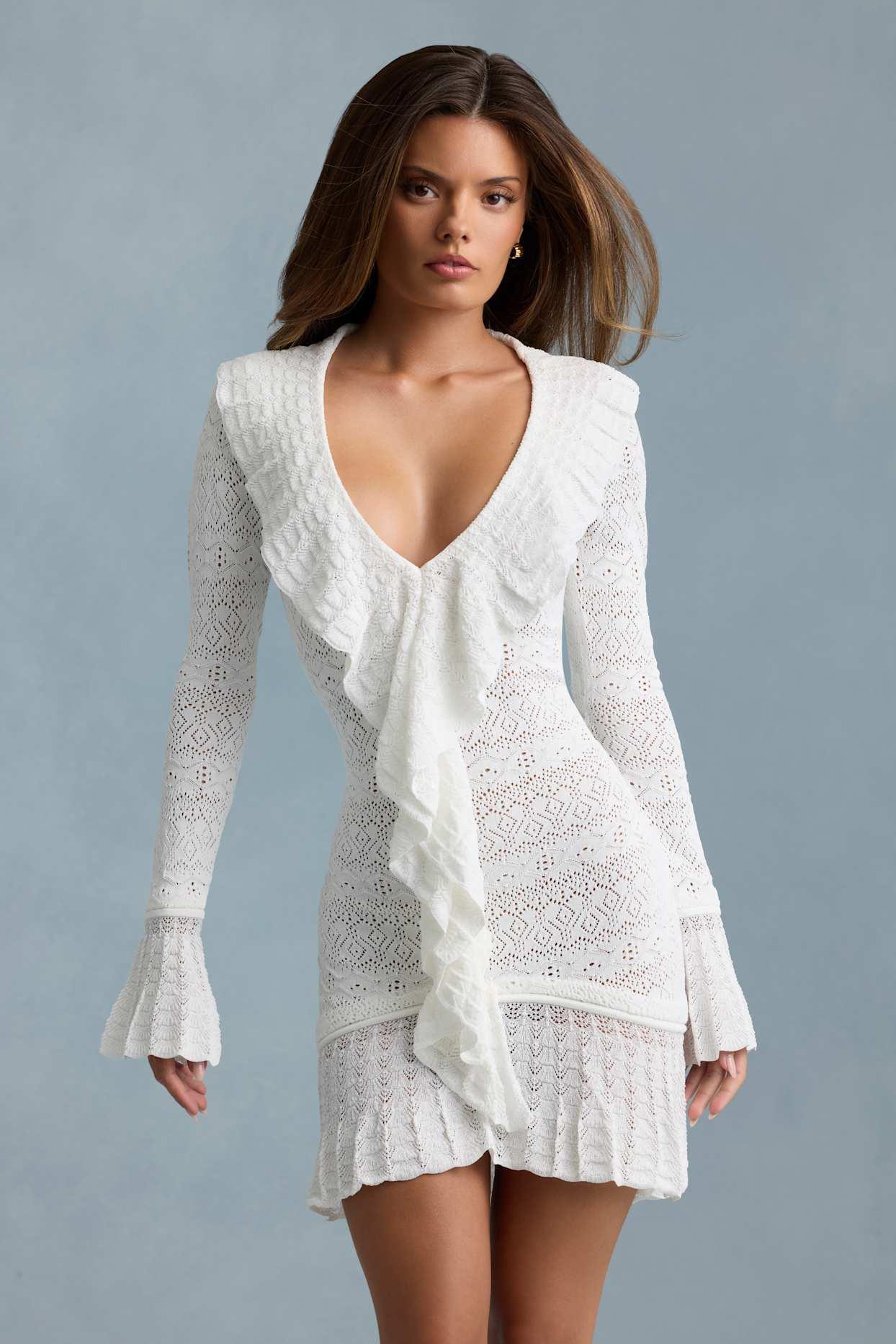 Ruffle-Trim Pointelle-Knit Mini Dress in White Product Image
