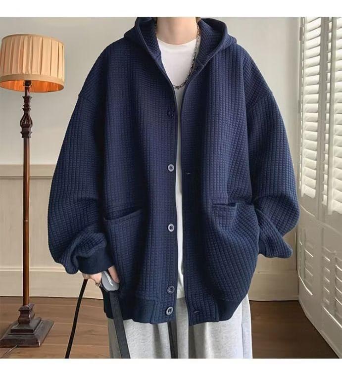 Plain Hooded Ribbed Button Jacket Product Image