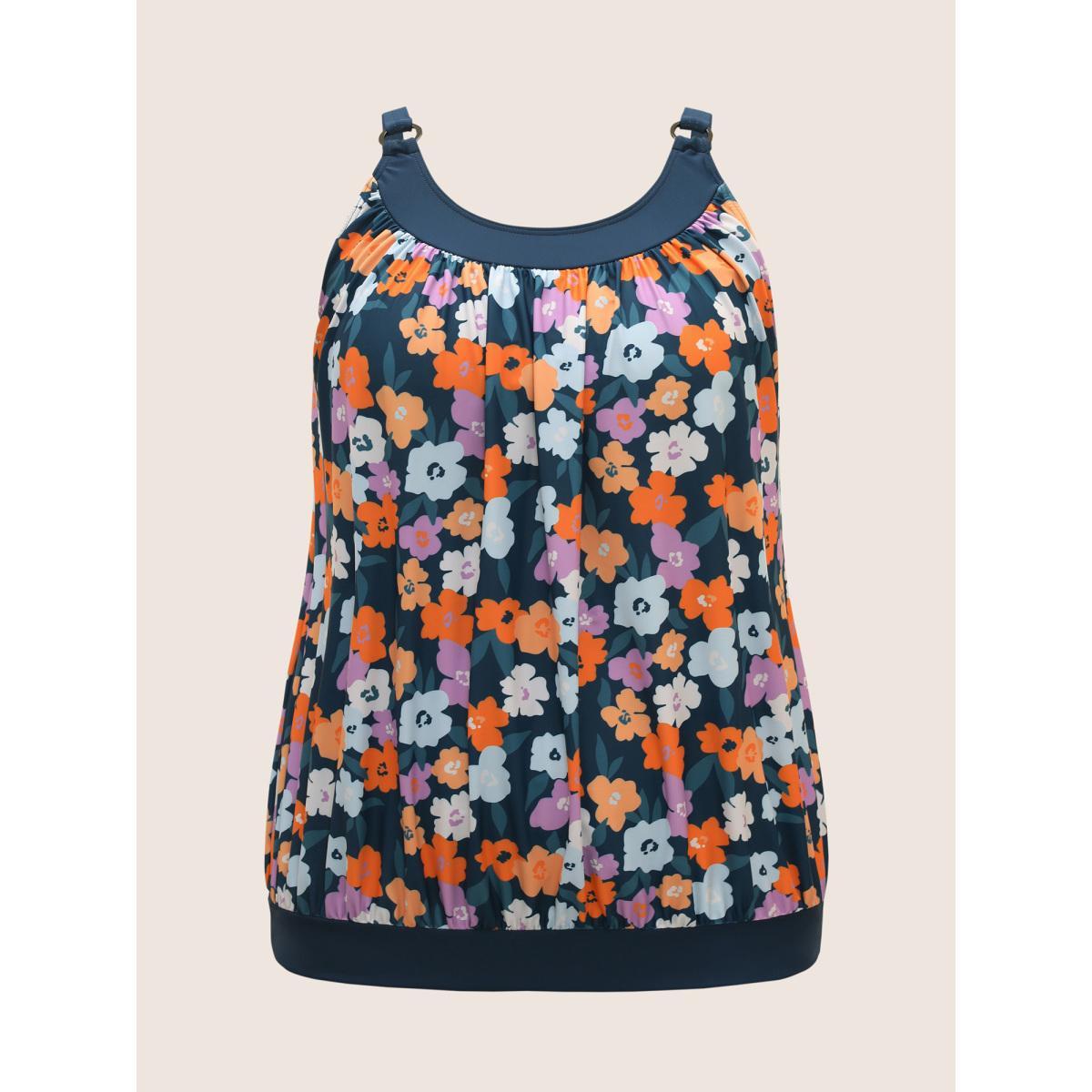 Plus Size Floral Patchwork Round Buckle Detail Swim Top Women's Swimwear Indigo Beach Contrast High stretch Bodycon Heart neckline Curve Swim Tops BloomChic 18-20/2X Product Image