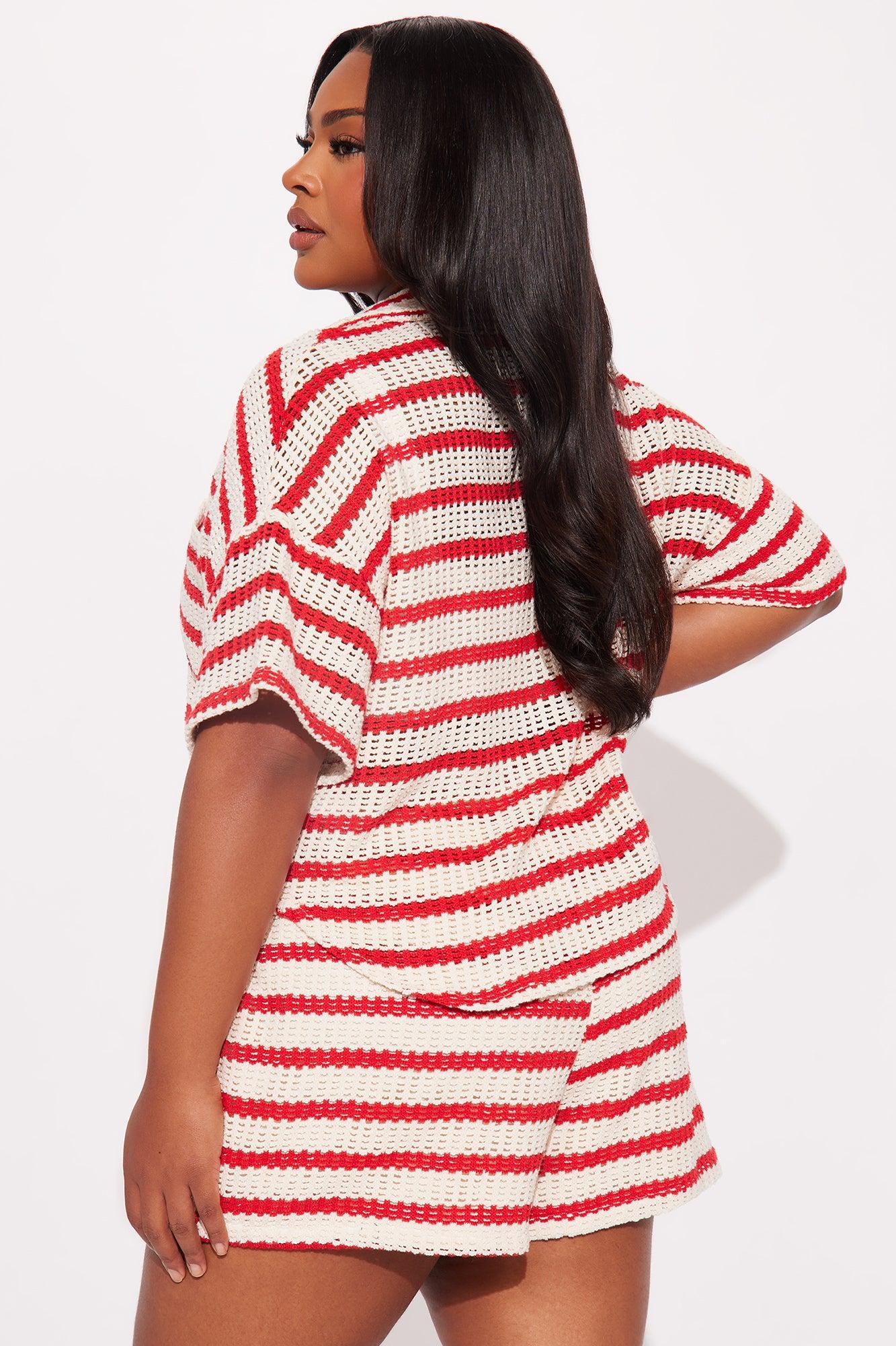 Savannah Stripe Crochet Short Set  - Red/combo Product Image