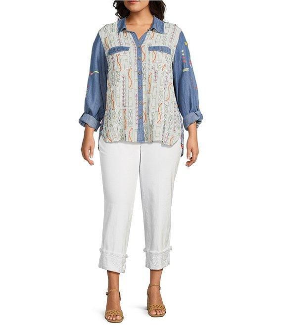 John Mark Plus Size Embroidered Floral Printed Point Collar Long Roll-Tab Sleeve Button Front Top Product Image