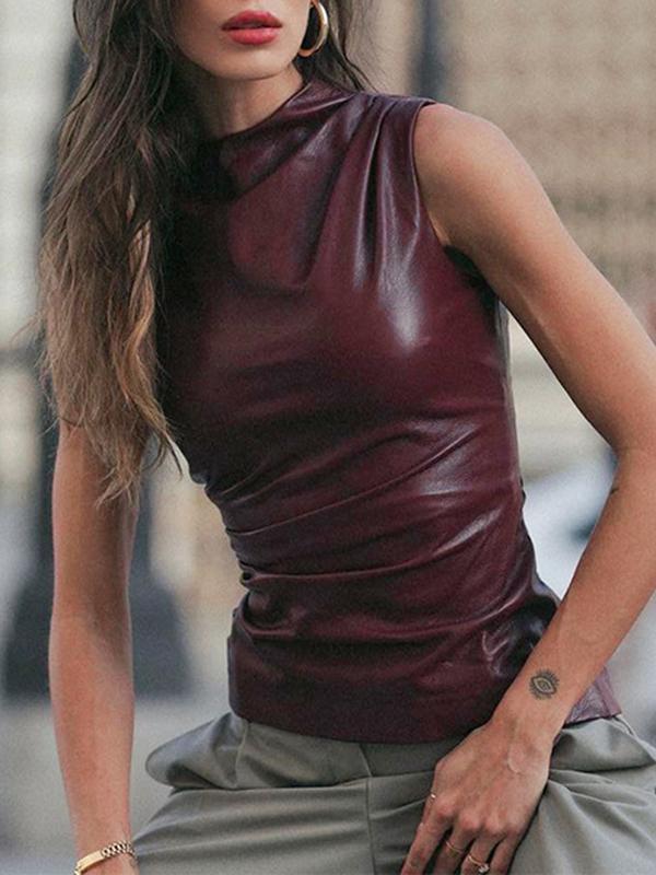 Skinny Sleeveless Asymmetric Pleated Solid Color Mock Neck Vest Top Product Image