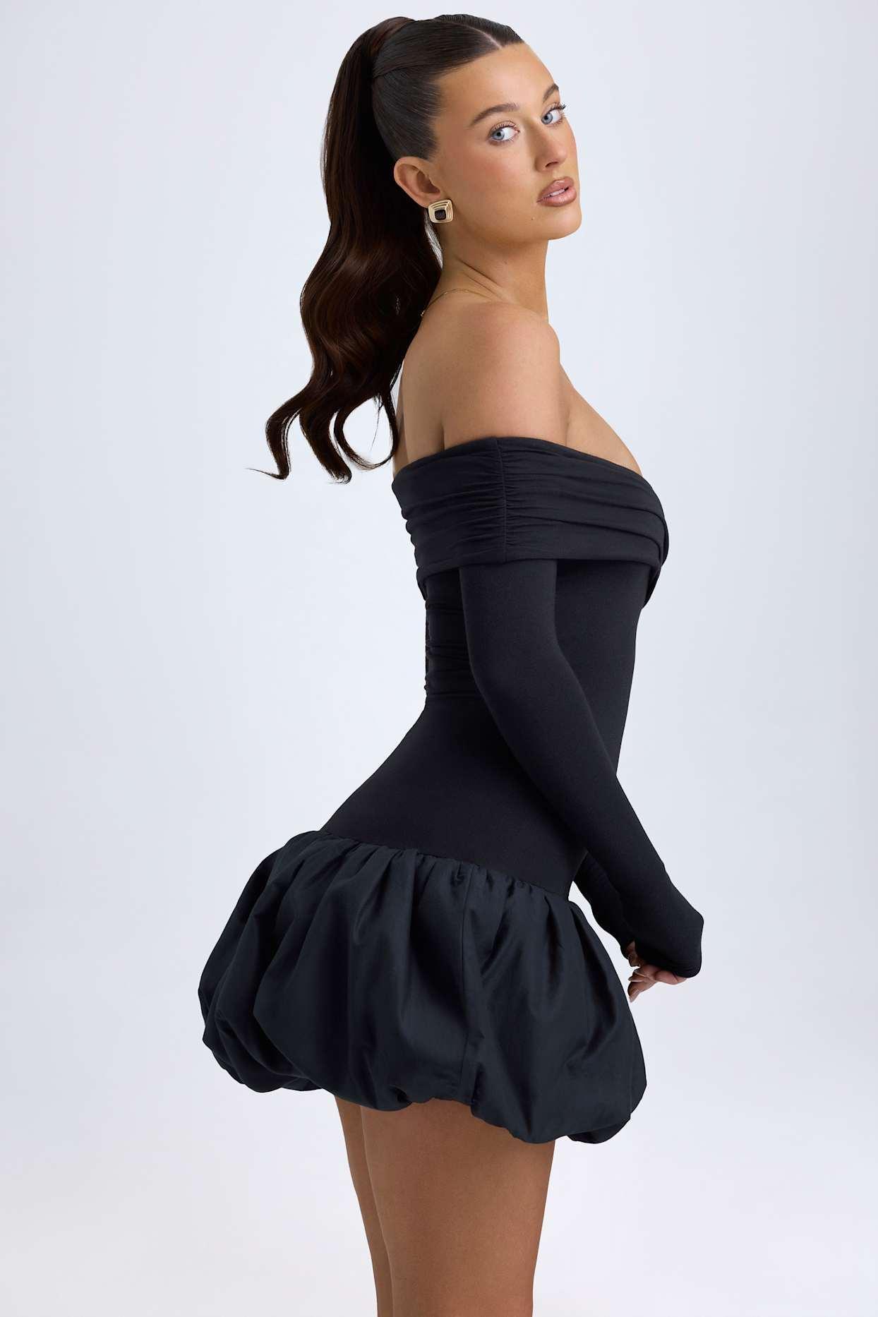 Modal Off-Shoulder Bubble Hem Mini Dress in Black Product Image