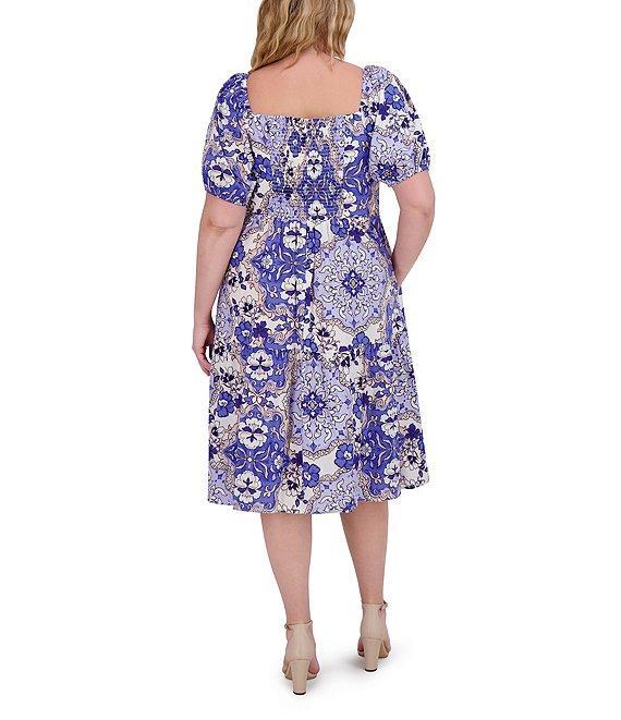 Vince Camuto Plus Size Square Neck Short Puff Sleeve A-Line Midi Dress Product Image