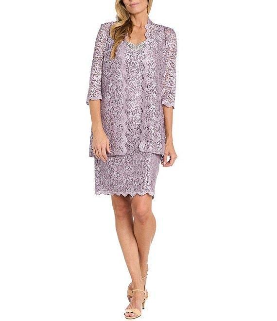 R & M Richards 2-Piece Scalloped Glitter Lace Beaded V-Neck Jacket Dress Product Image