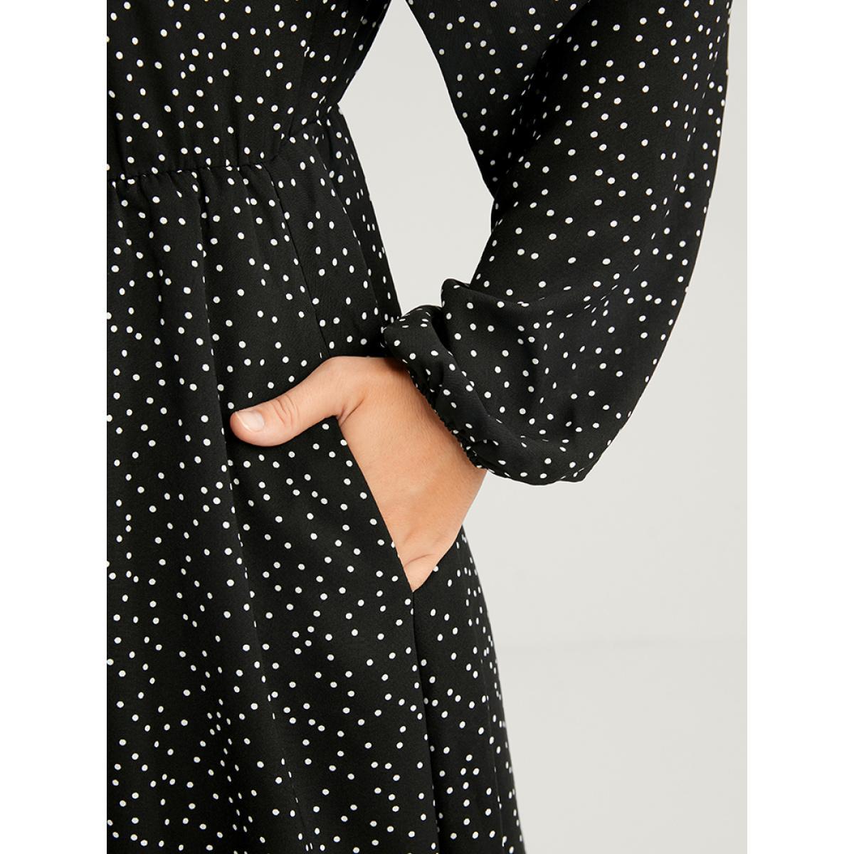 Plus Size Polka Dot Lantern Sleeve Pocket Embroidered Detail Dress Black Women Vacation Embroidered V-neck Long Sleeve Curvy Midi Dress BloomChic 12/L Product Image