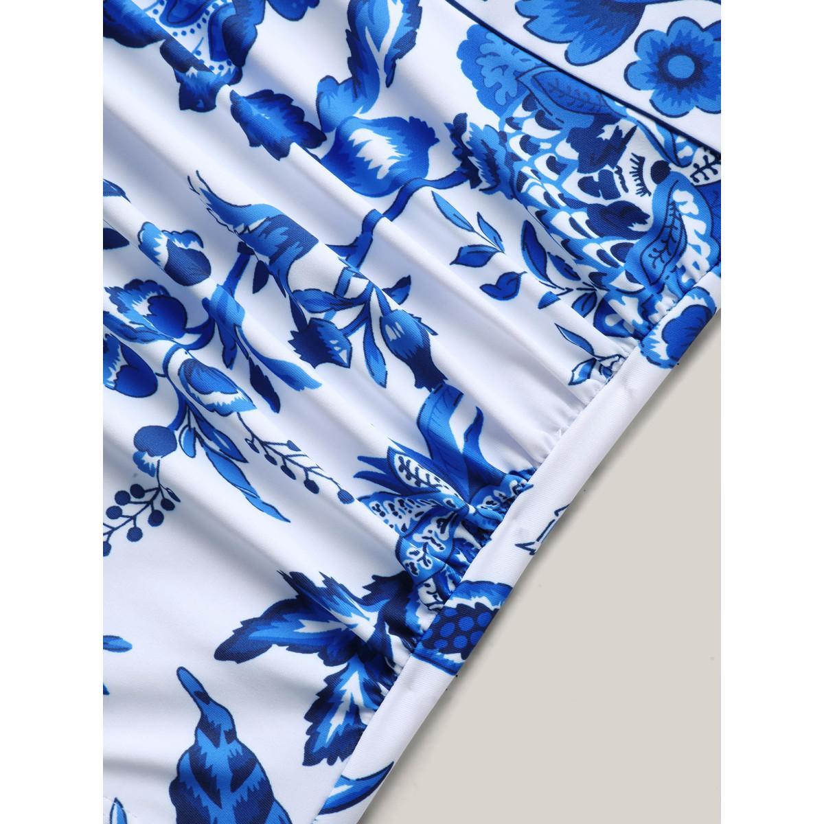 Plus Size Ruched Sheer Floral One-Piece Swimsuit Women's Swimwear Indigo Resort Gathered Curve Bathing Suits High stretch One Pieces BloomChic 26/4X Product Image