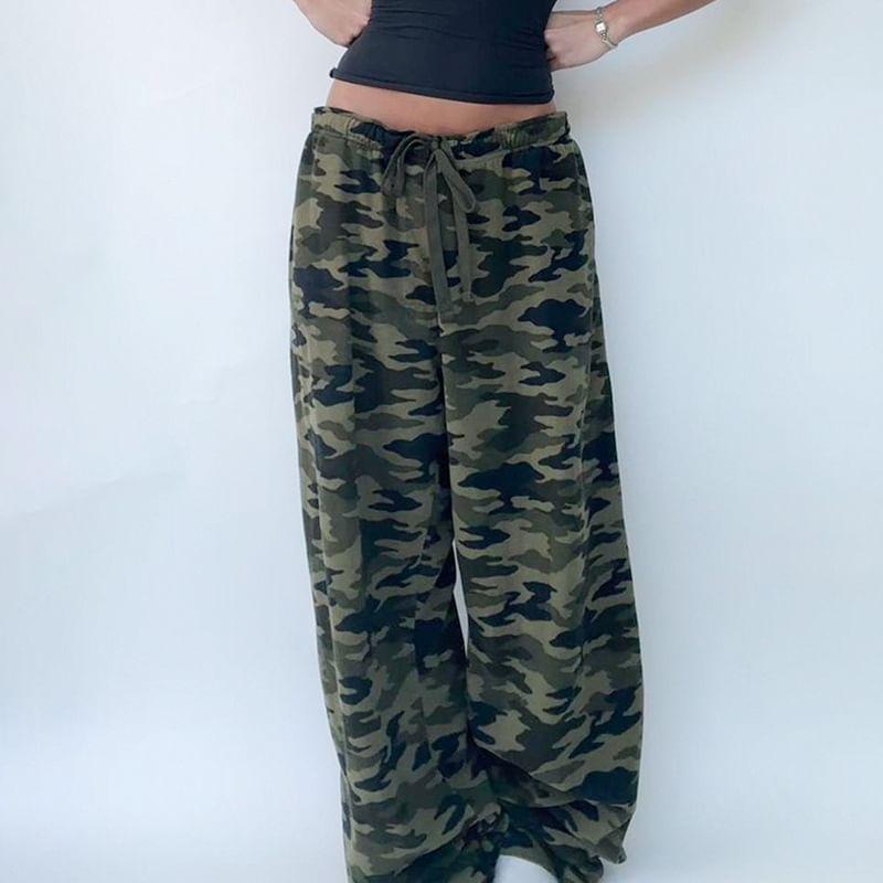 Mid Rise Drawstring Camouflage Wide Leg Pants Product Image