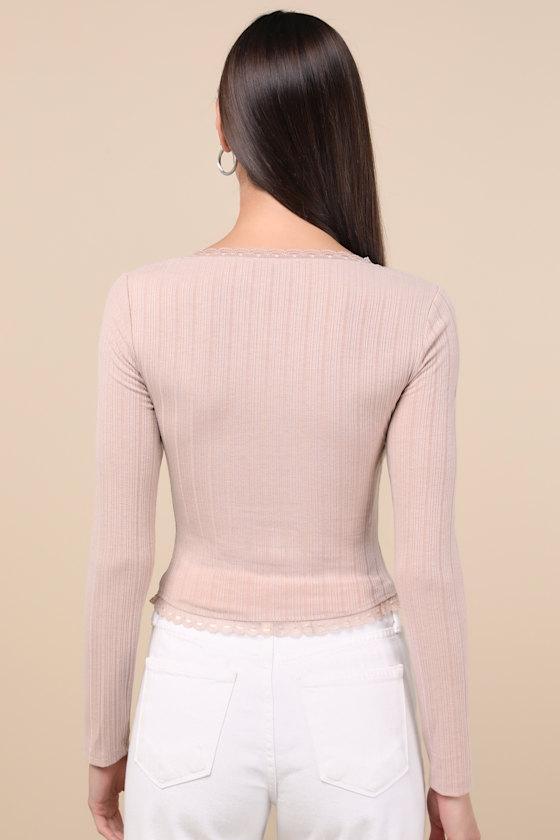 Celise Light Taupe Pointelle Knit Long Sleeve Top Product Image
